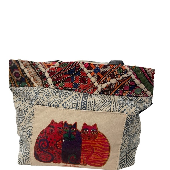 Laurel Burch Colorful Cat shopper Pattern Tote canvas bag with zipper - Picture 5 of 9